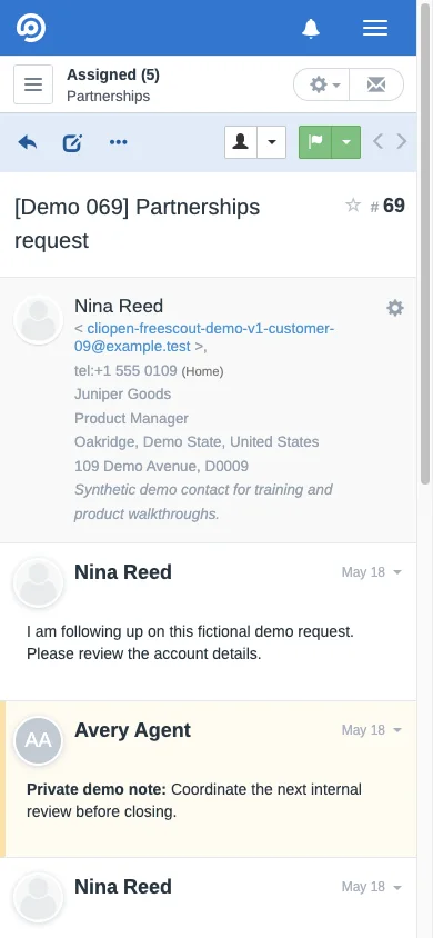 Mobile active conversation with multiple replies in the FreeScout mobile interface