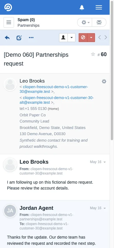 Mobile unassigned spam phone note in the FreeScout mobile interface