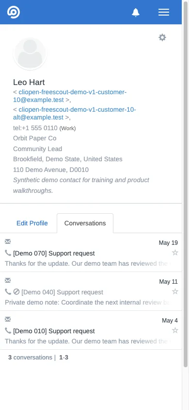 Mobile customer conversation timeline in the FreeScout mobile interface