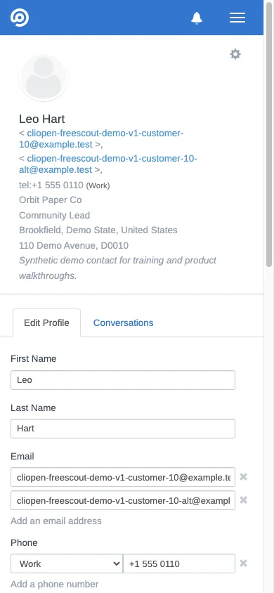 Mobile customer profile form in the FreeScout mobile interface