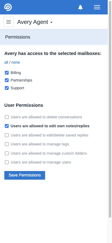 Mobile user mailbox permissions in the FreeScout mobile interface