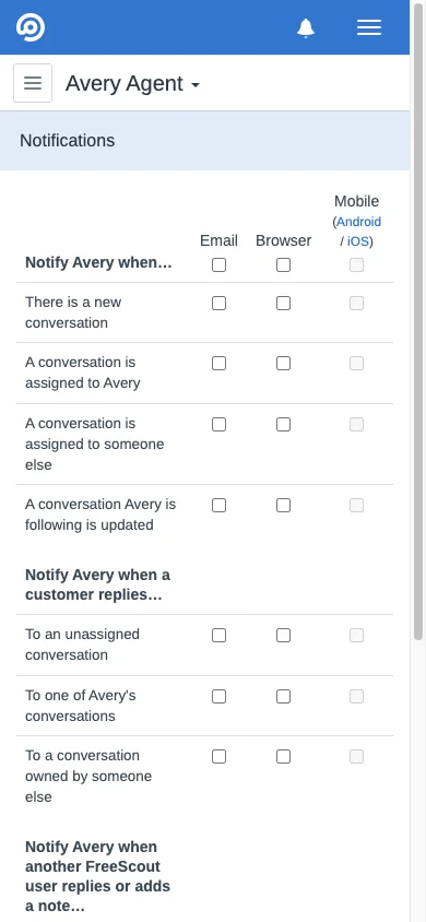 Mobile user notification preferences in the FreeScout mobile interface