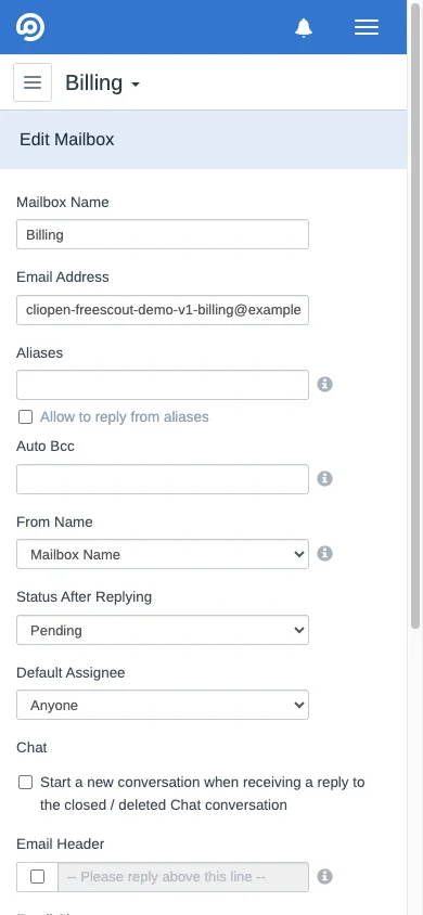 Mobile billing mailbox settings in the FreeScout mobile interface
