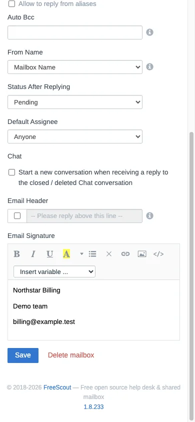 Mobile billing mailbox signature in the FreeScout mobile interface