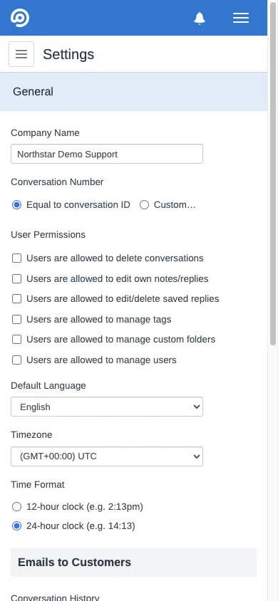 Mobile general application settings in the FreeScout mobile interface