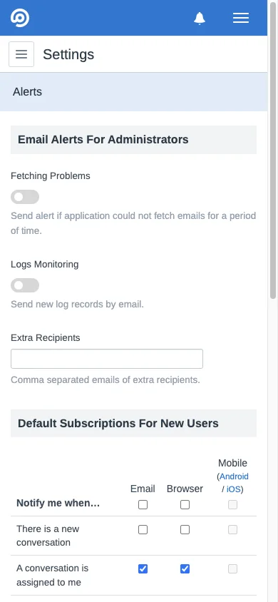 Mobile administrator alert settings in the FreeScout mobile interface