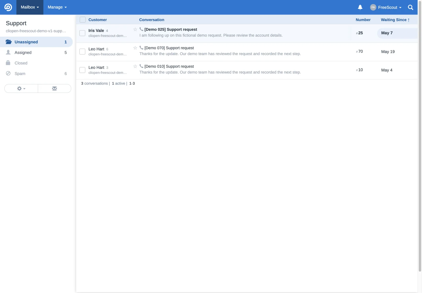 Alternate support unassigned view in the FreeScout retina interface