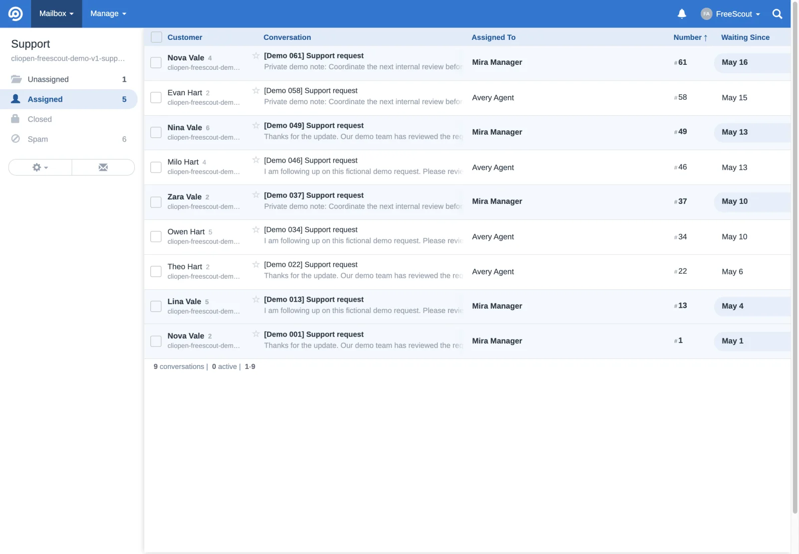 Support assigned queue sorted by number in the FreeScout retina interface