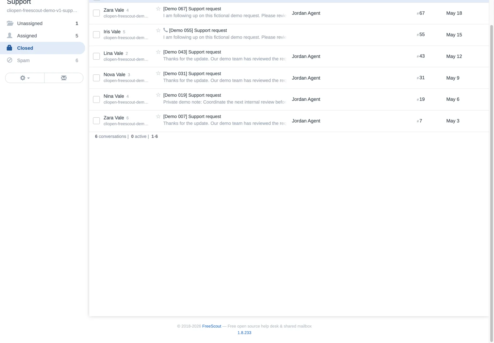 Lower support closed records in the FreeScout retina interface