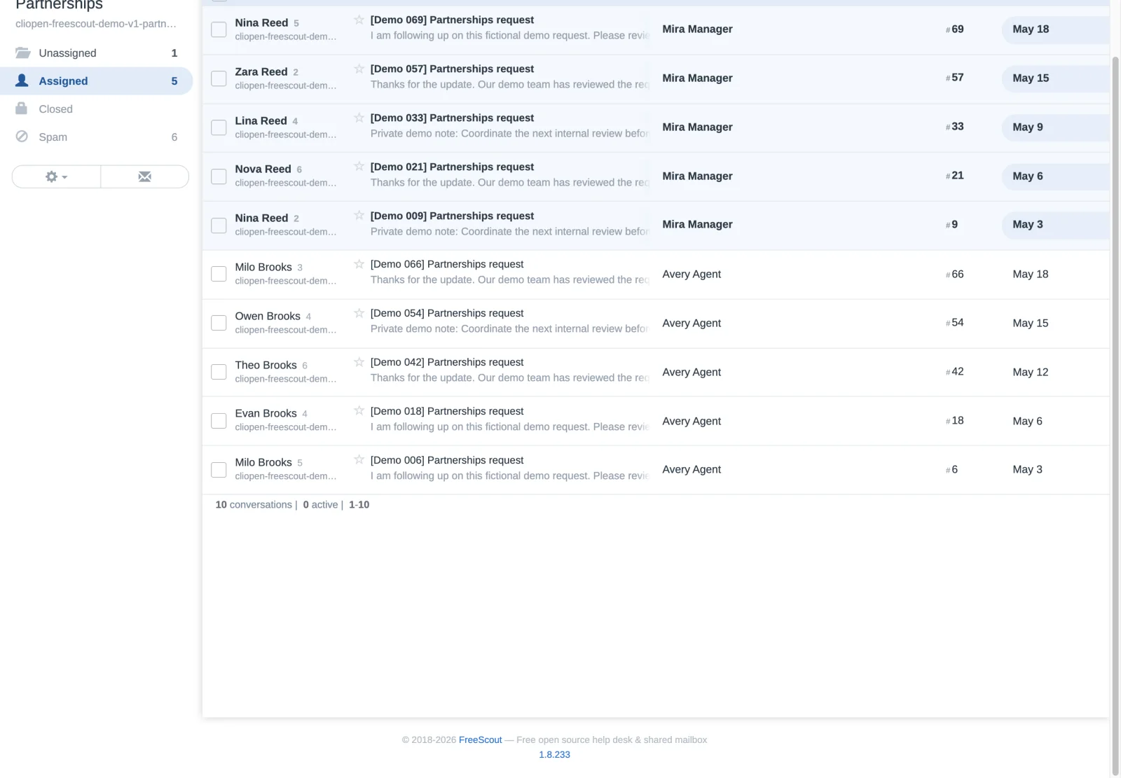 Lower partnerships assigned records in the FreeScout retina interface