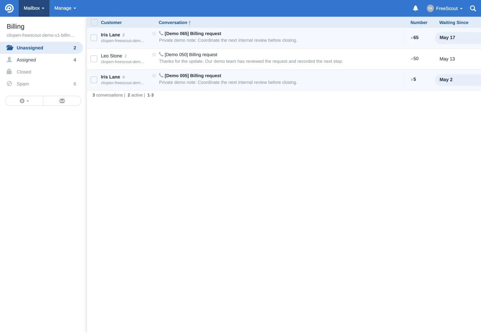 Billing unassigned queue sorted by conversation in the FreeScout retina interface