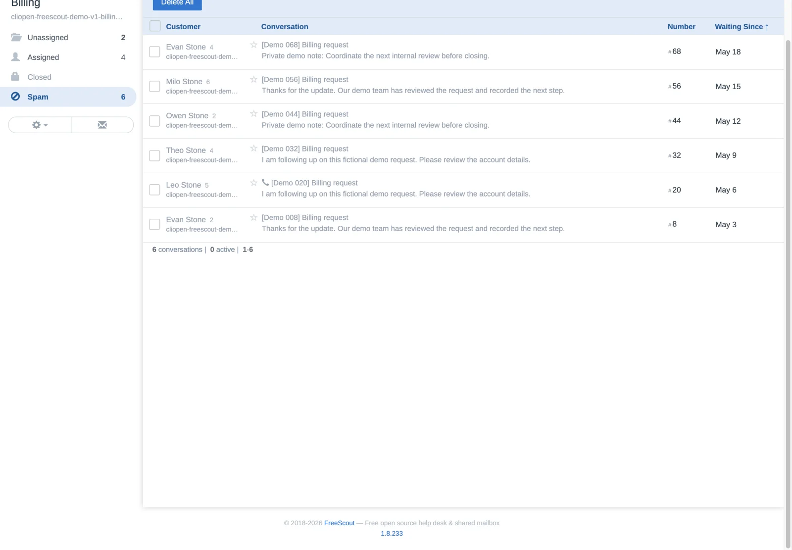 Lower billing spam records in the FreeScout retina interface