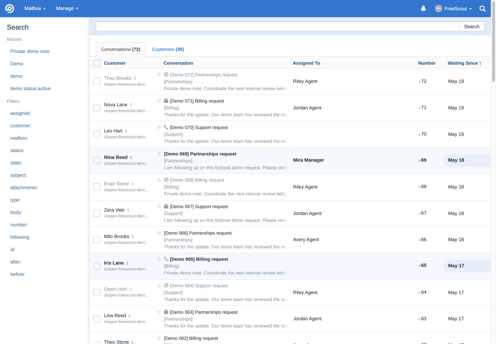 Search results for private notes in the FreeScout retina interface