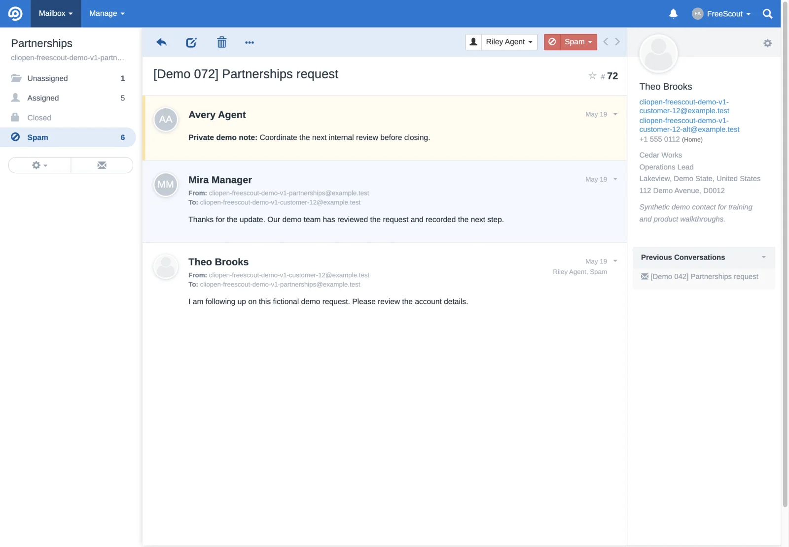 Spam conversation 72 sidebar in the FreeScout retina interface