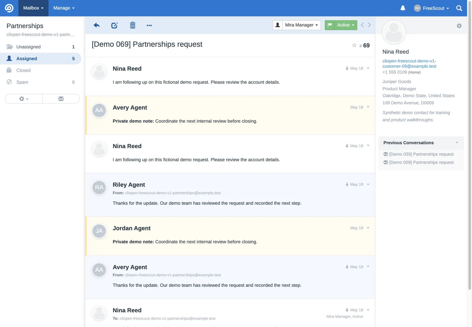 Assigned conversation 69 thread in the FreeScout retina interface