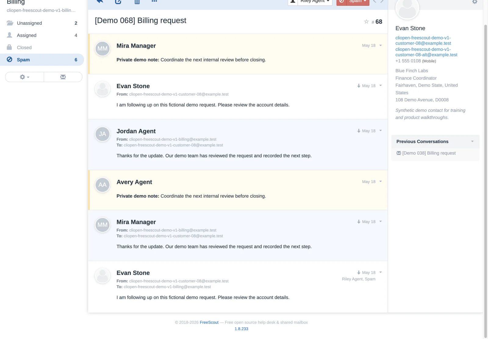 Conversation 68 mid-thread view in the FreeScout retina interface