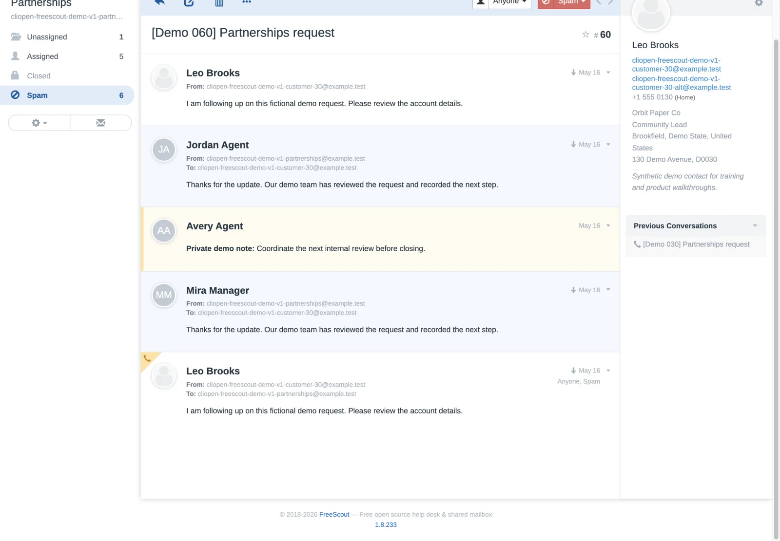 Spam conversation 60 mid-thread view in the FreeScout retina interface
