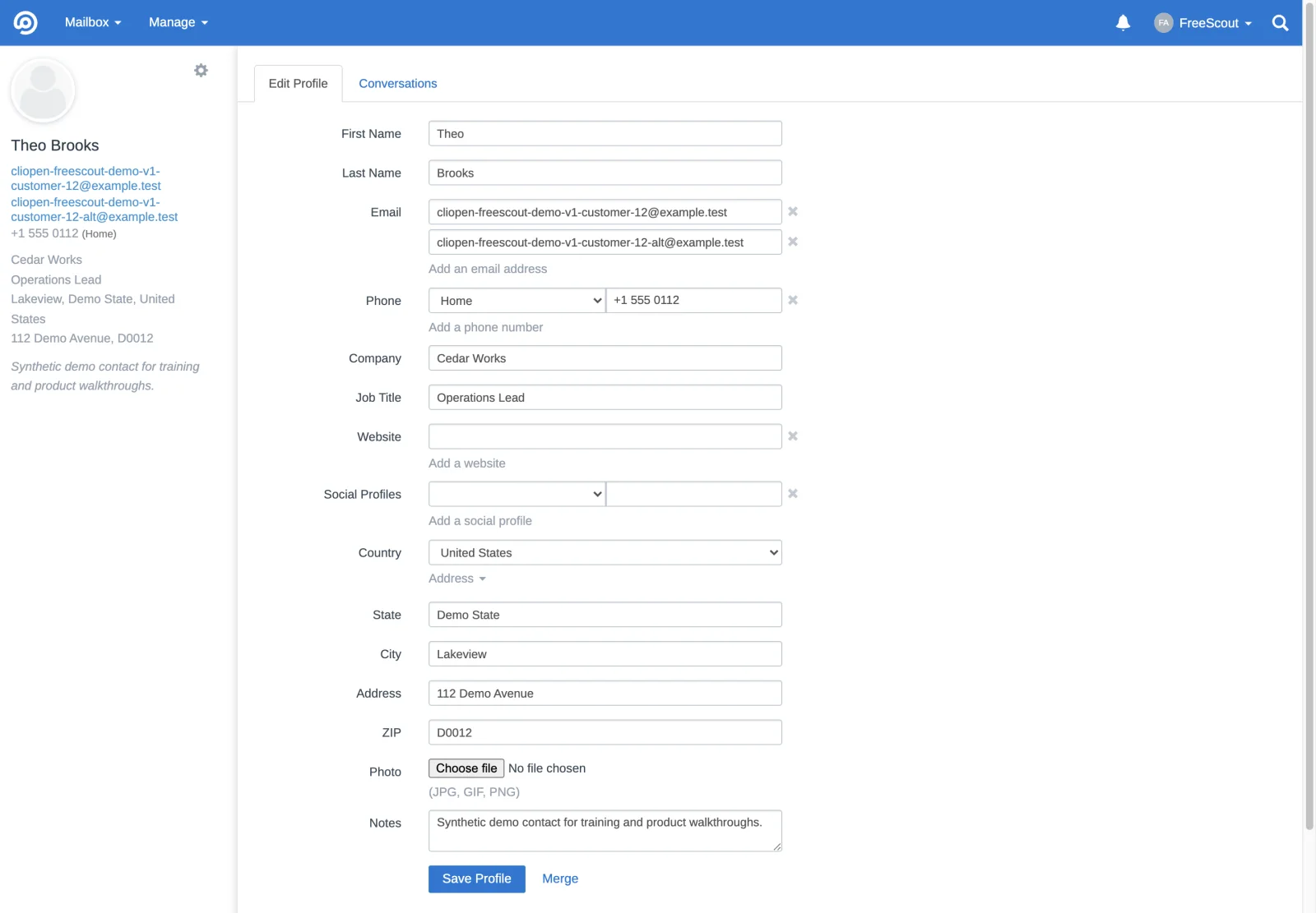 Customer 12 profile details in the FreeScout retina interface