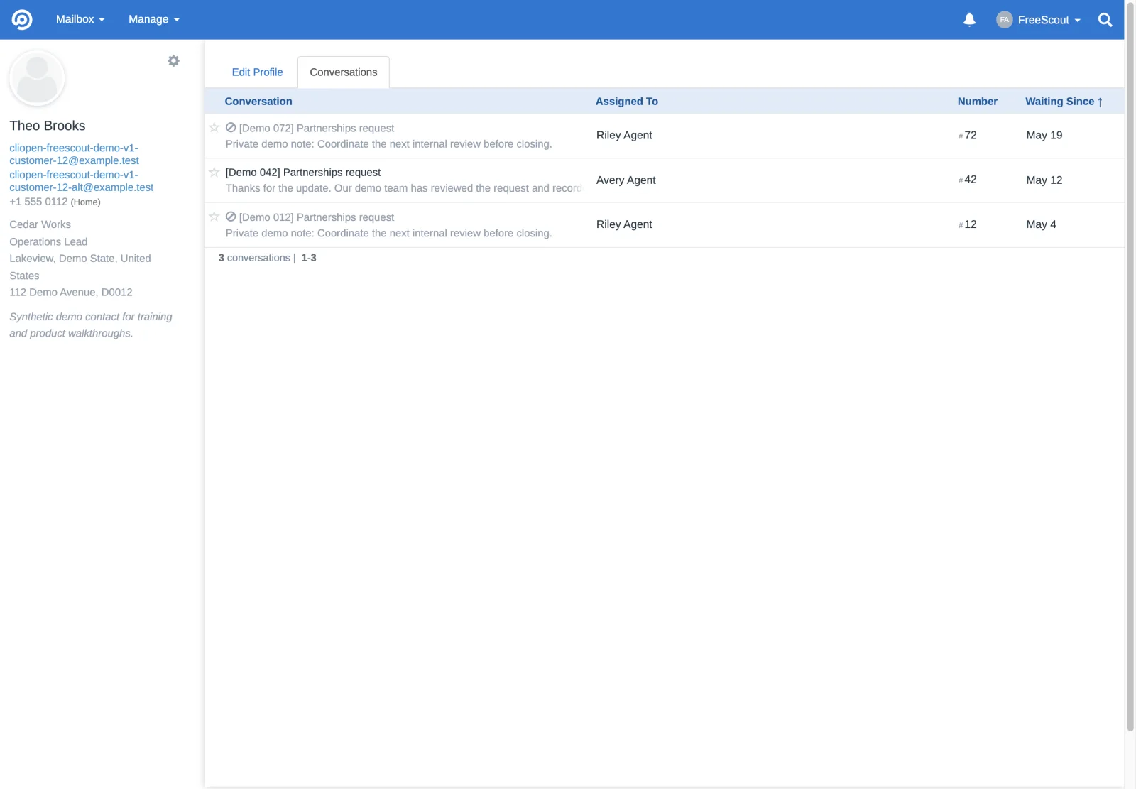 Customer 12 conversation history in the FreeScout retina interface