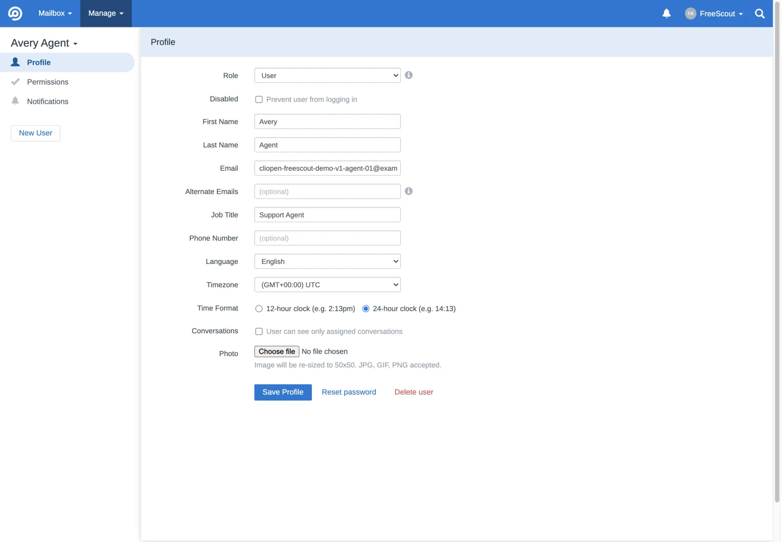 Avery Agent profile in the FreeScout retina interface