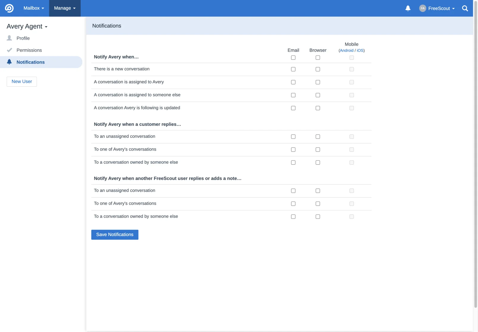 Avery Agent notification preferences in the FreeScout retina interface