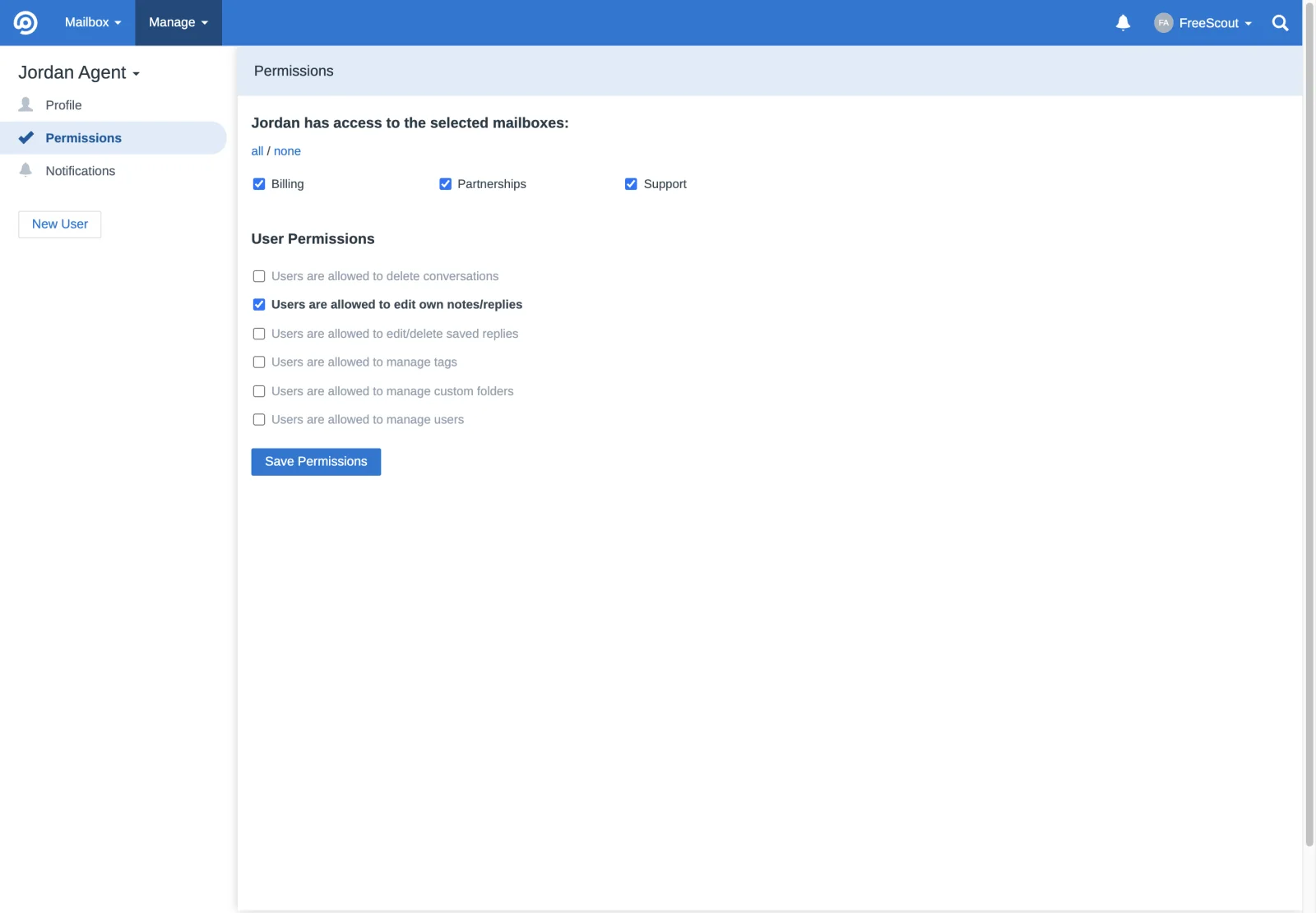 Jordan Agent mailbox permissions in the FreeScout retina interface