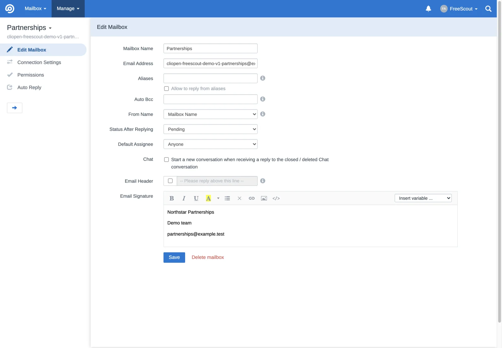 Partnerships mailbox general settings in the FreeScout retina interface