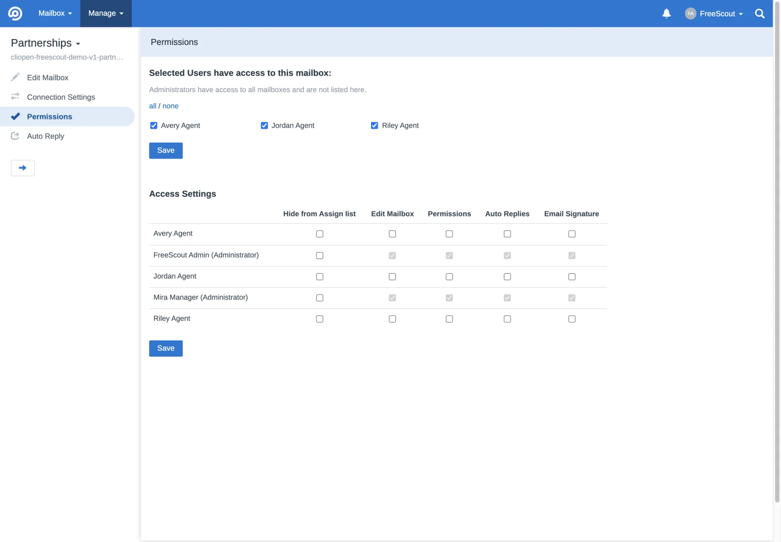 Partnerships mailbox access permissions in the FreeScout retina interface