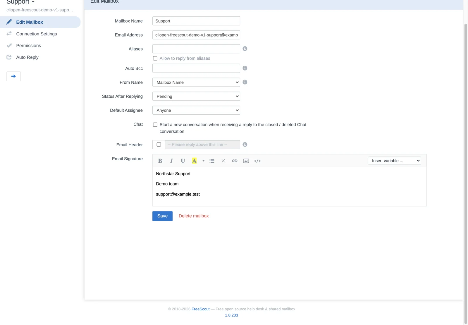 Support mailbox signature in the FreeScout retina interface