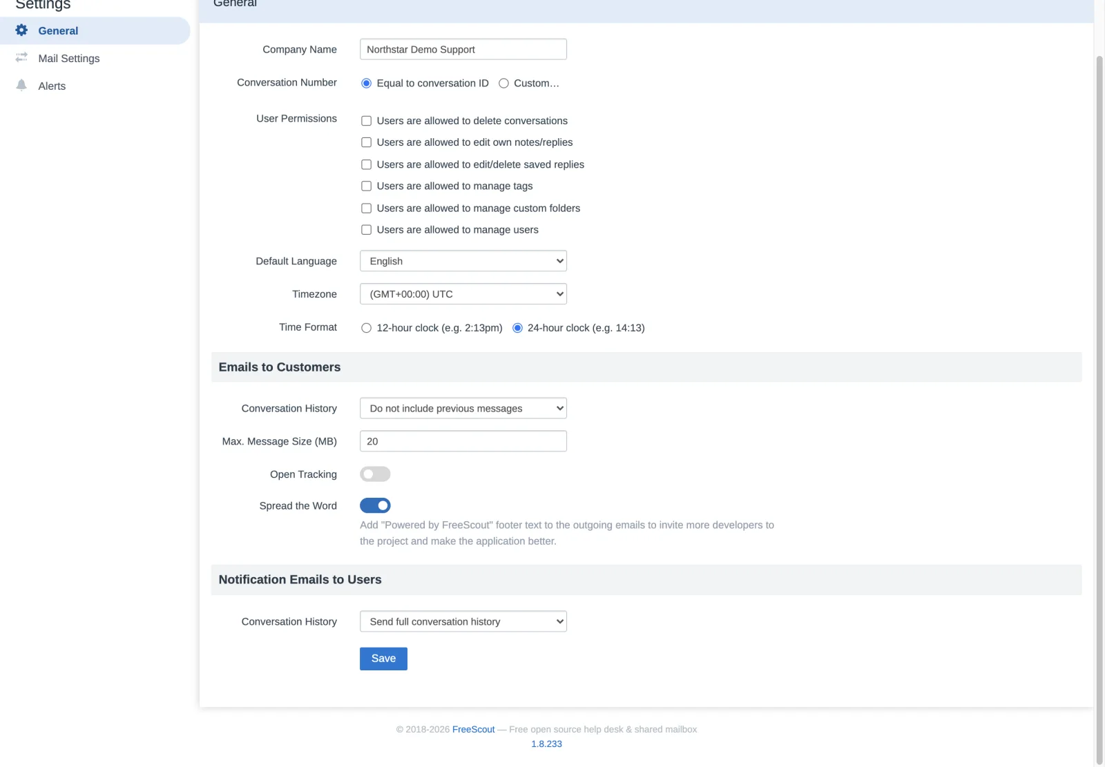 General email behavior settings in the FreeScout retina interface