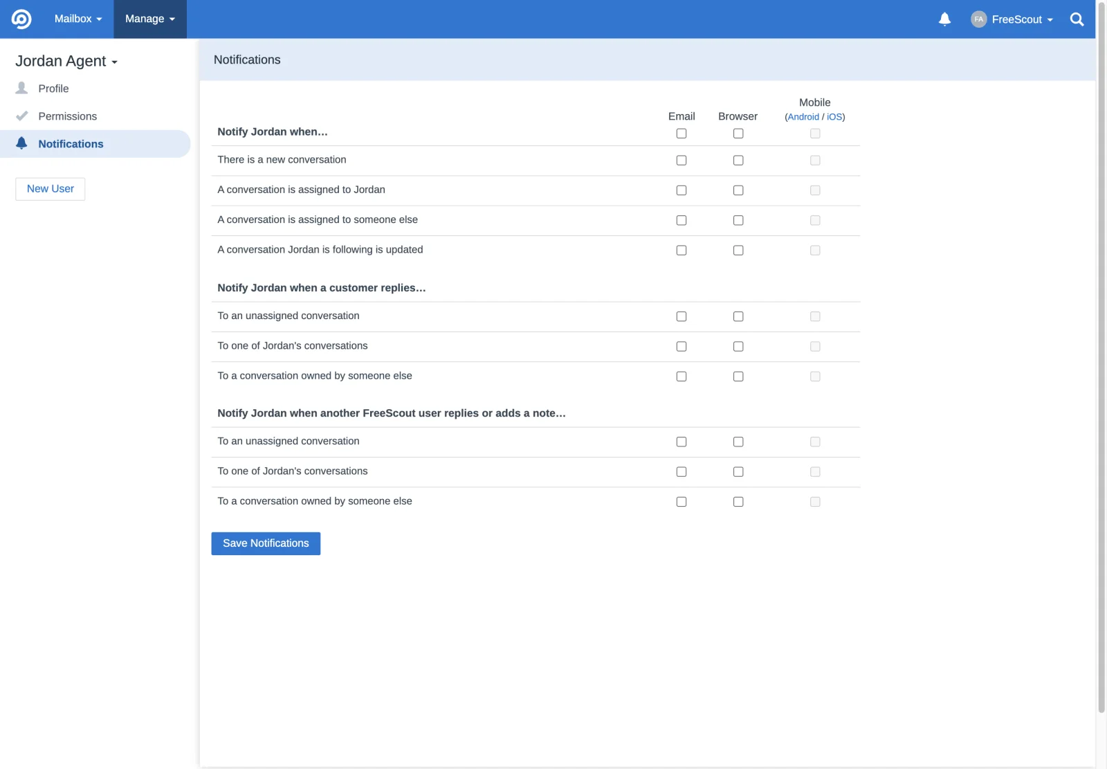 Jordan Agent notification preferences in the FreeScout retina interface