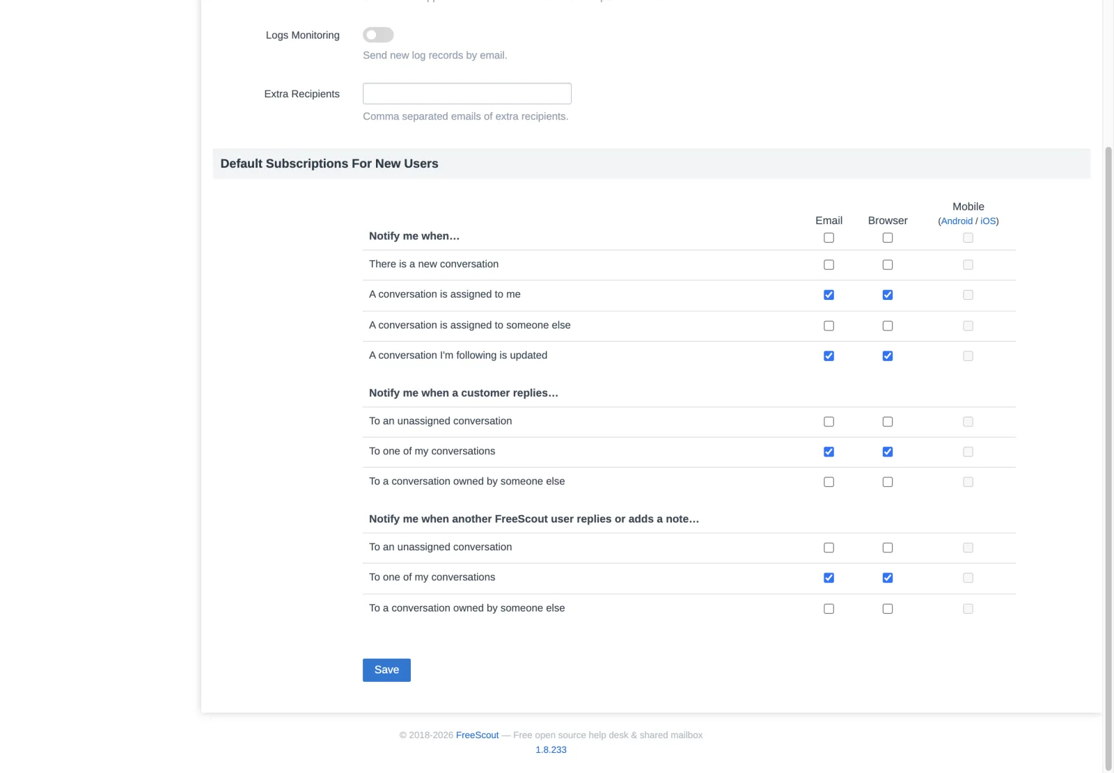 Default administrator alert subscriptions in the FreeScout retina interface