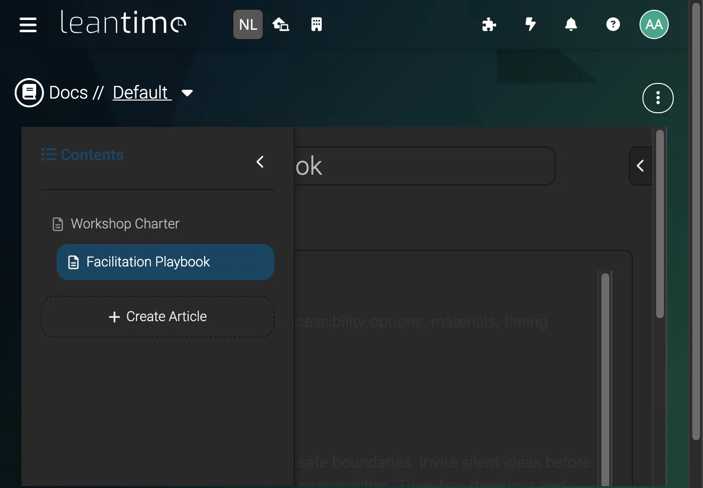 Wiki Article Tree - desktop dark theme in Leantime
