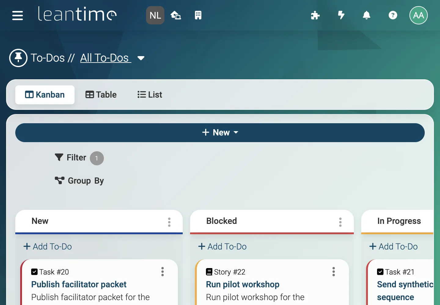 To-Do Kanban Board - desktop light theme in Leantime