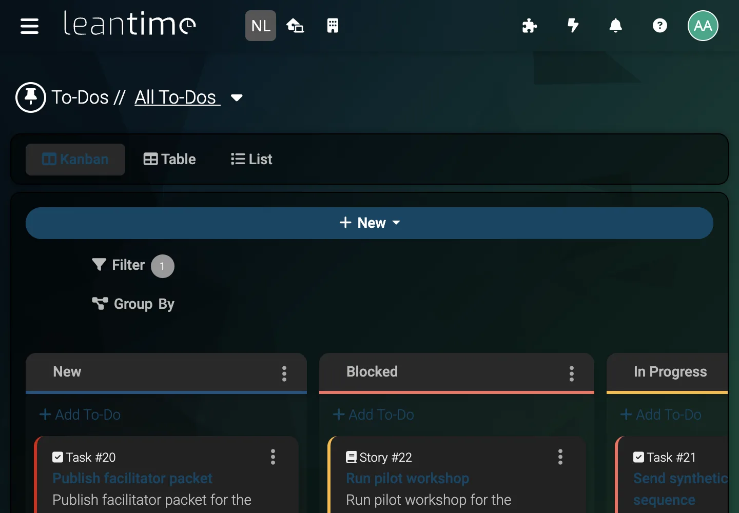 To-Do Kanban Board - desktop dark theme in Leantime