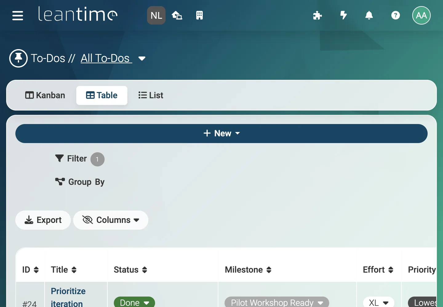To-Do Table - desktop light theme in Leantime