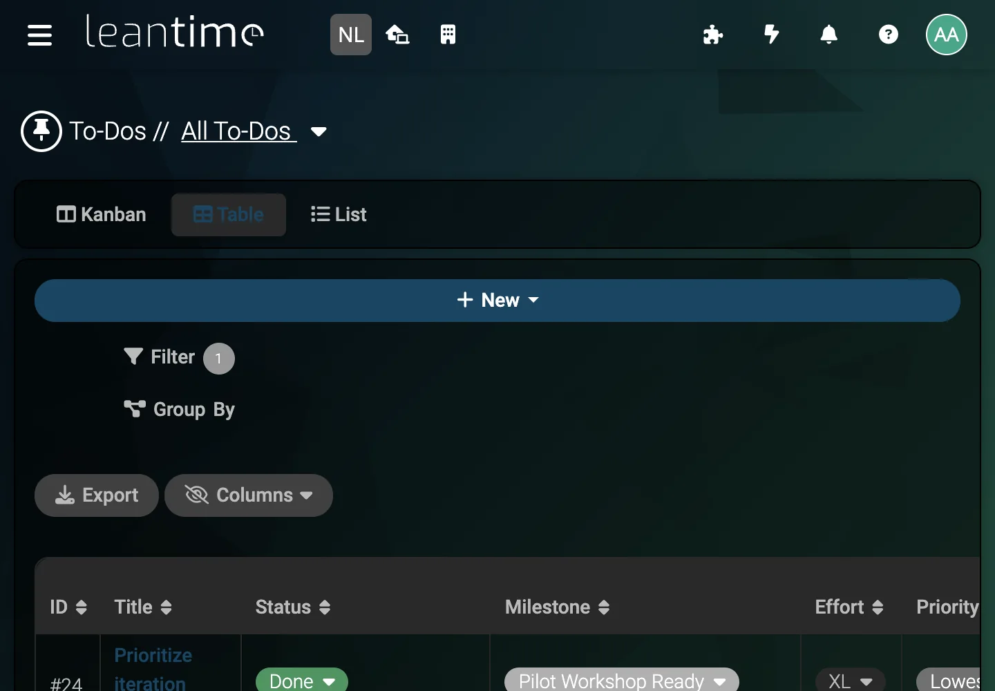 To-Do Table - desktop dark theme in Leantime