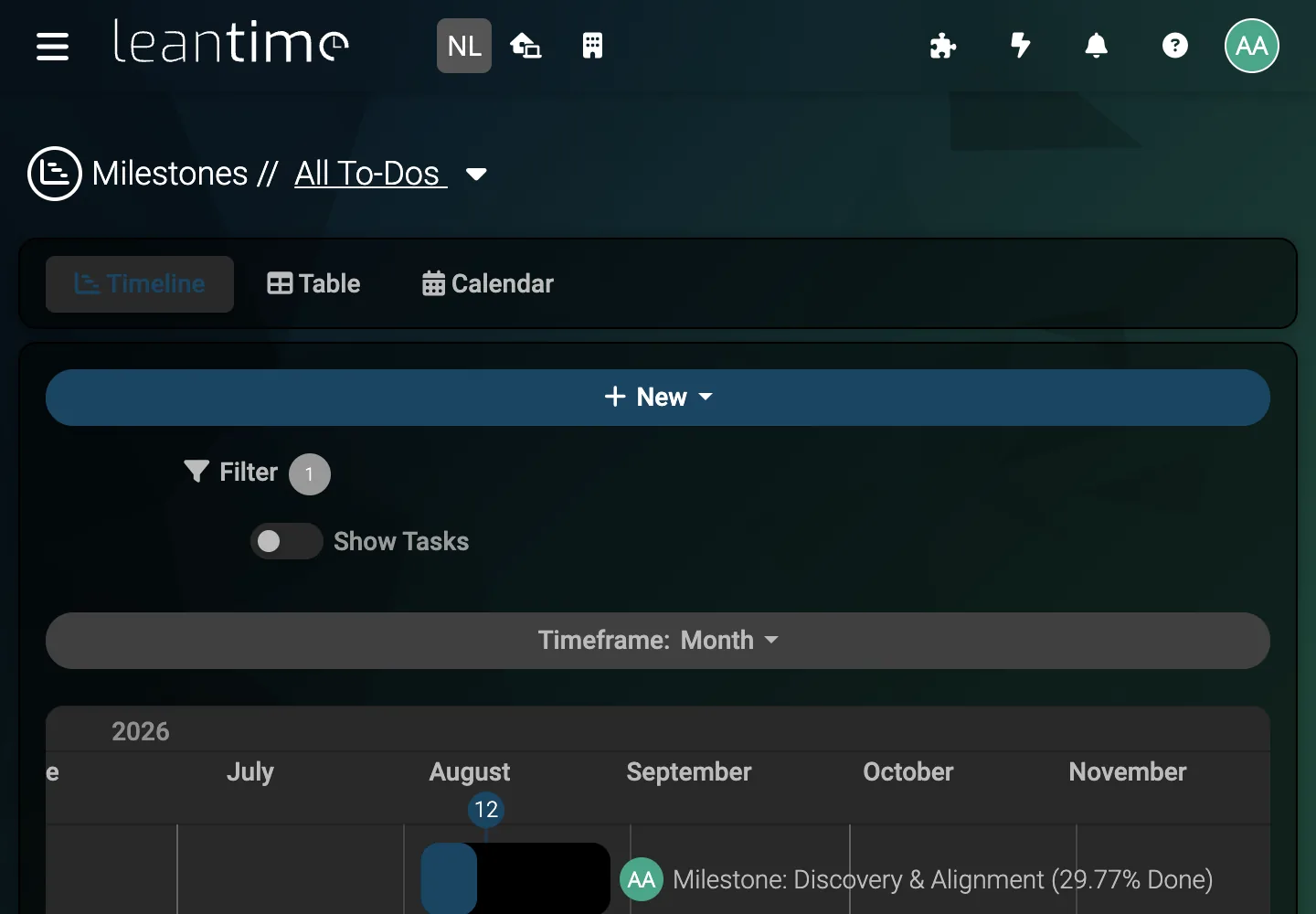 Milestone Roadmap - desktop dark theme in Leantime