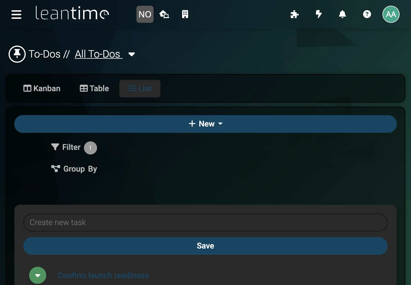 Operations To-Do List - desktop dark theme in Leantime