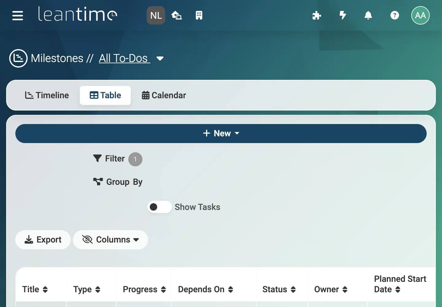 Milestone Table - desktop light theme in Leantime