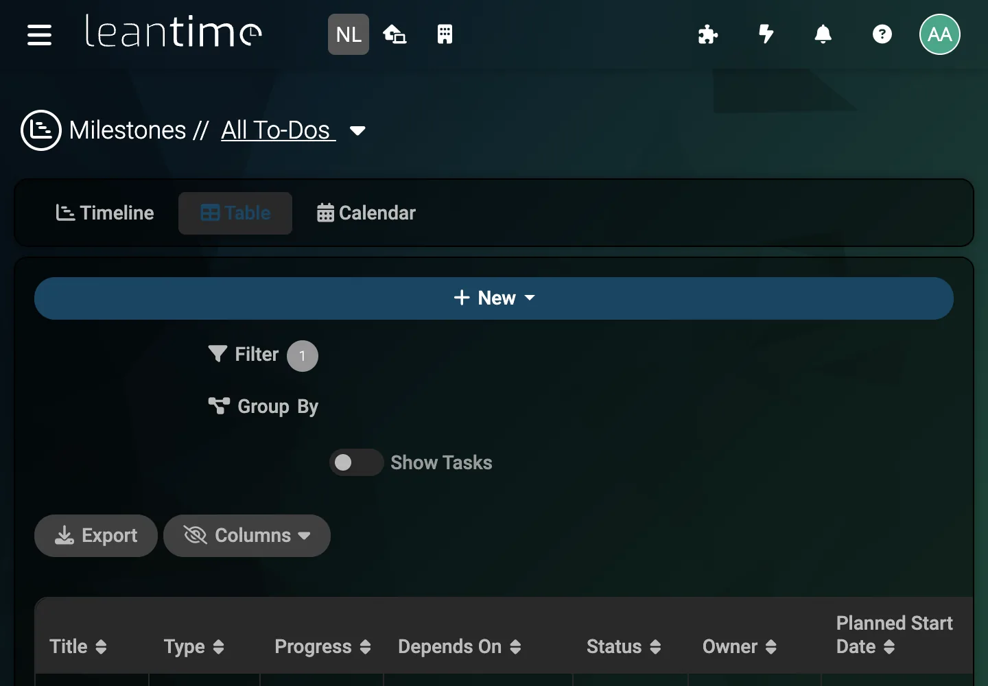 Milestone Table - desktop dark theme in Leantime