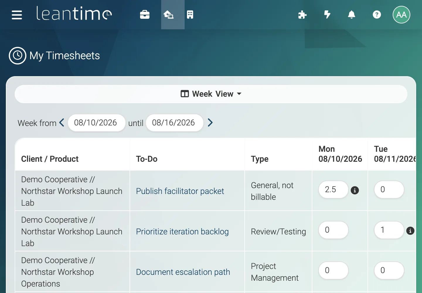 Launch Weekly Timesheets - desktop light theme in Leantime