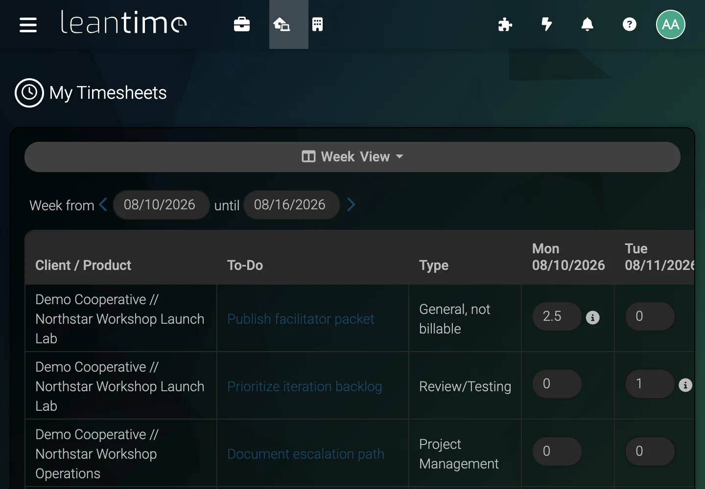 Launch Weekly Timesheets - desktop dark theme in Leantime