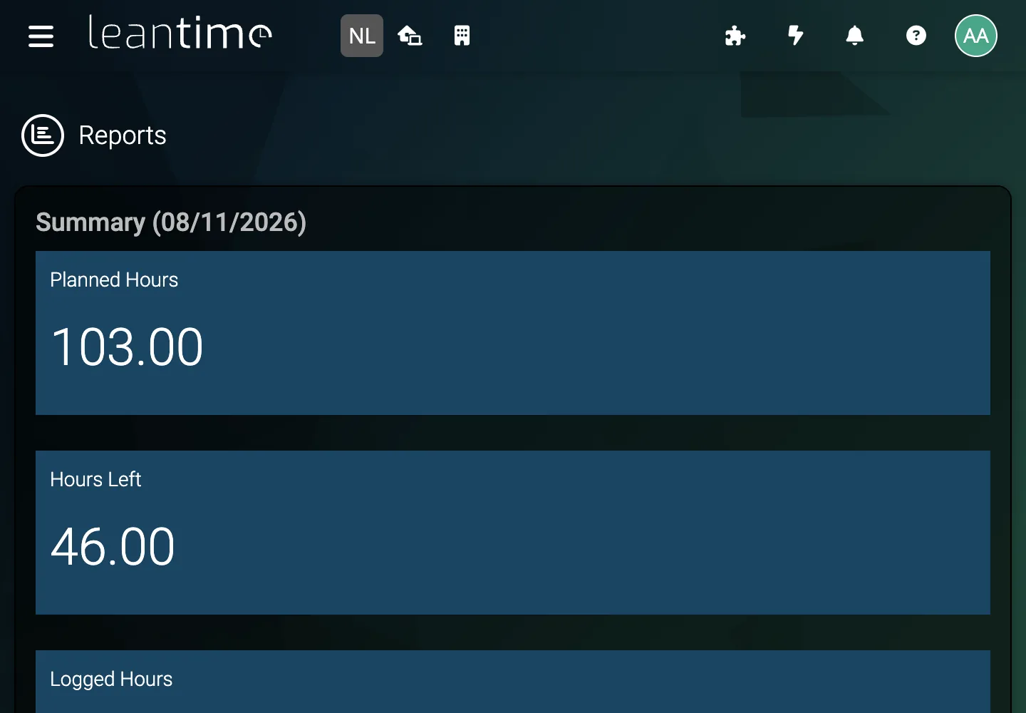 Project Reports Dashboard - desktop dark theme in Leantime
