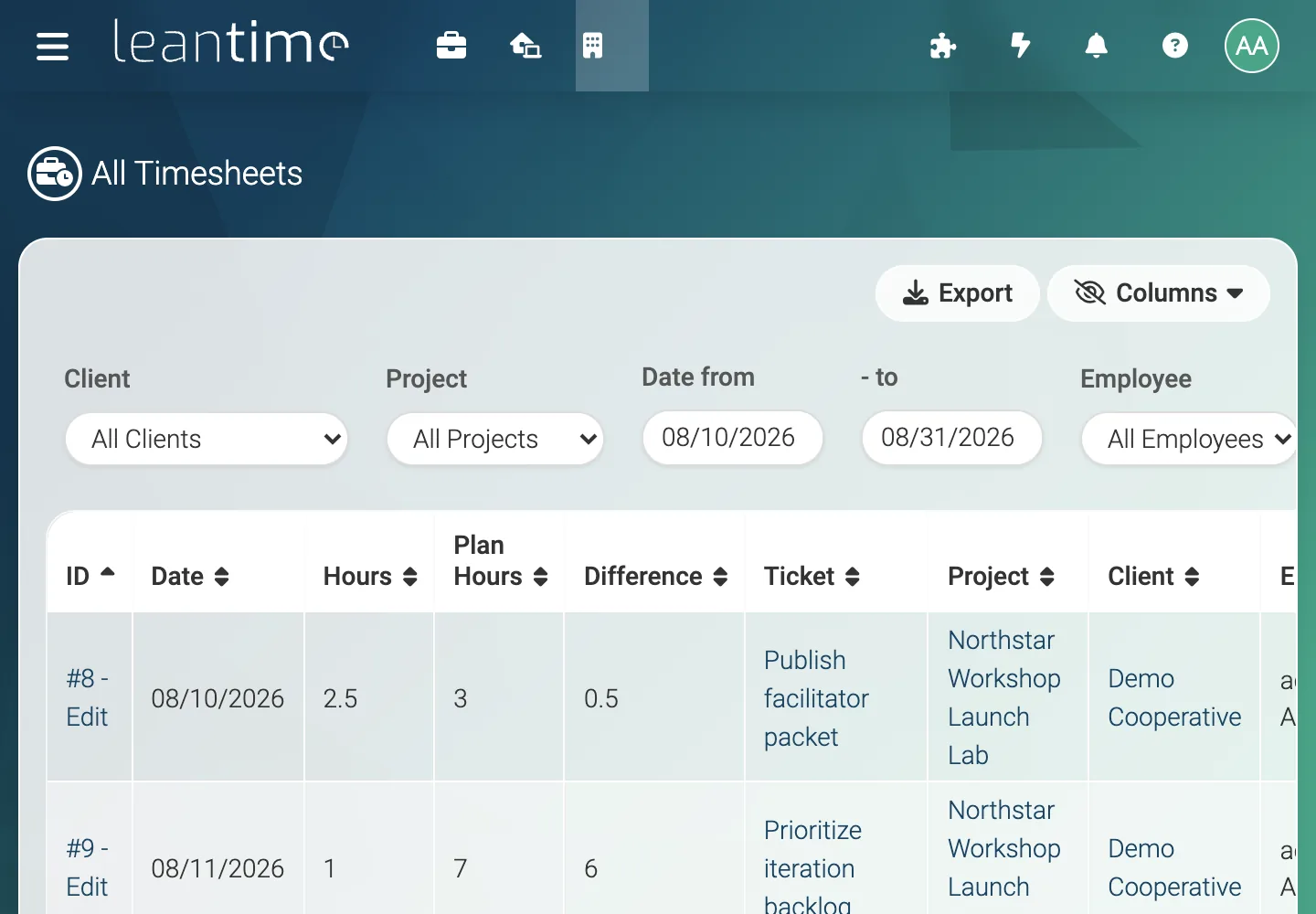 Team Timesheets - desktop light theme in Leantime