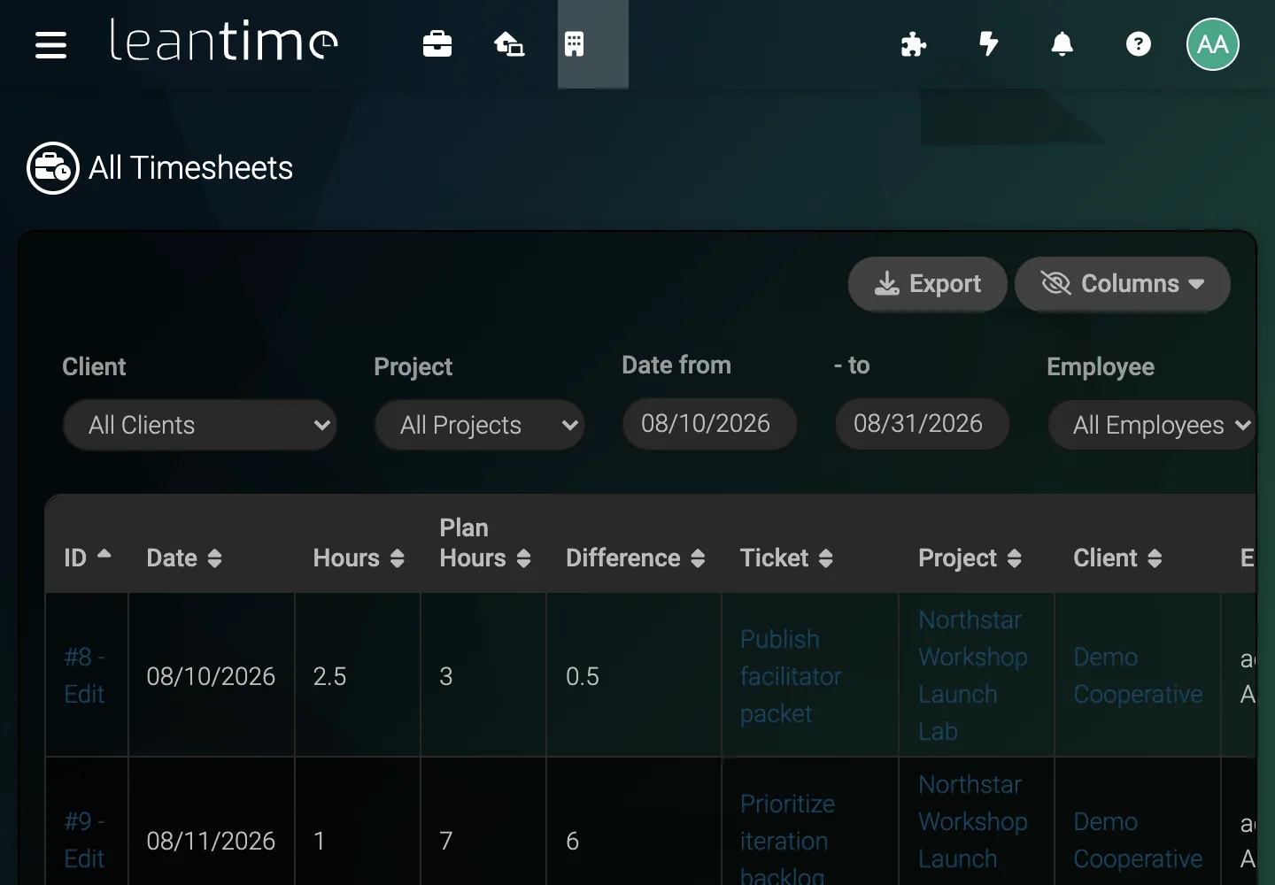 Team Timesheets - desktop dark theme in Leantime