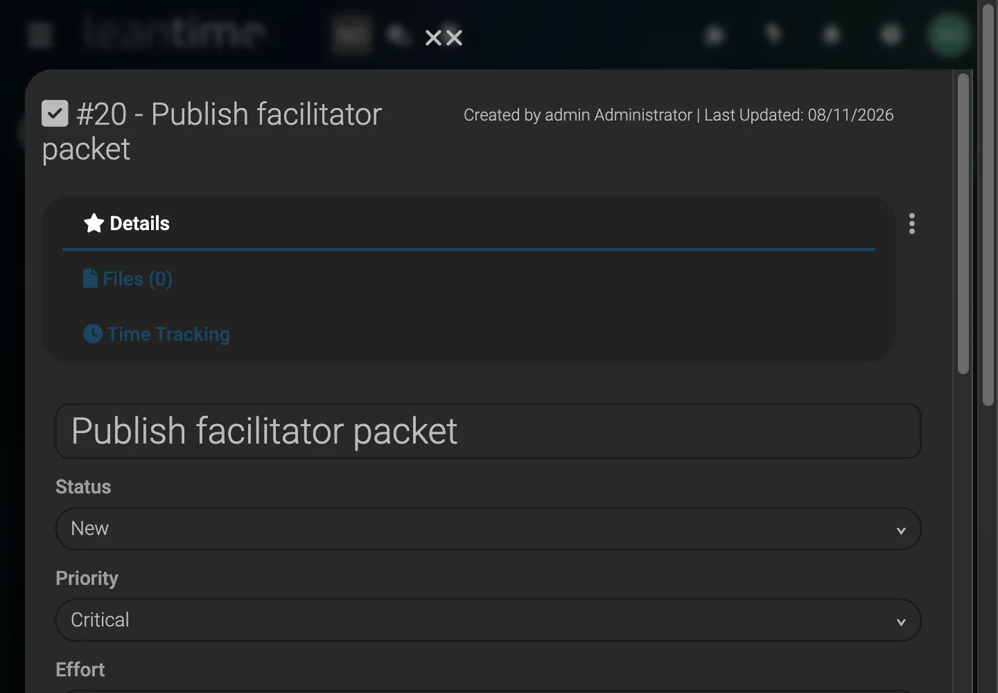 Launch Task Detail - desktop dark theme in Leantime