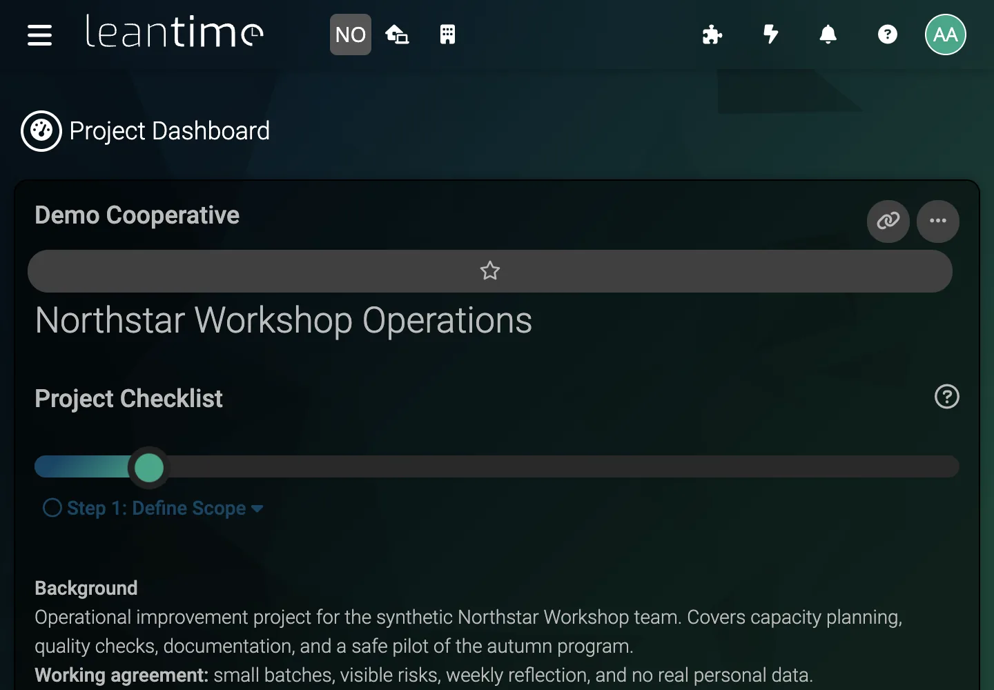 Operations Project Overview - desktop dark theme in Leantime