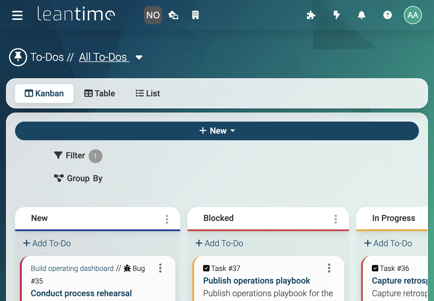 Operations To-Do Kanban - desktop light theme in Leantime