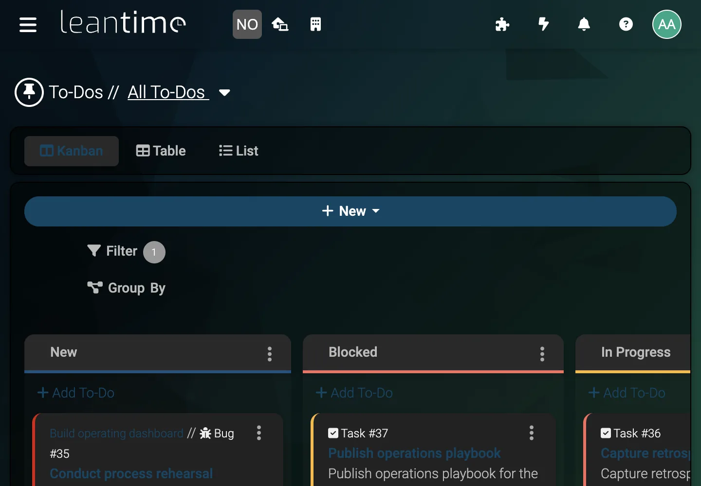 Operations To-Do Kanban - desktop dark theme in Leantime